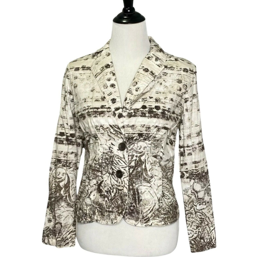 Chico's Women's Blazer Jacket Boho Cream Brown Long Sleeve Floral Pockets‎ Sz 0